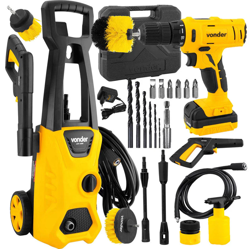 Kit Limpeza Moto Carro Lavadora de Alta Pressão 1400W Parafusadeira Maleta Escova Vonder